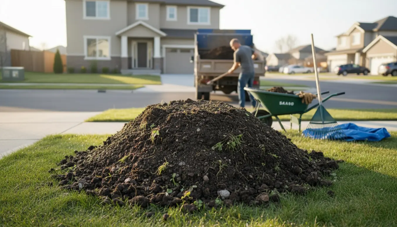 En bunke udgravet jord foran et parcelhus ved vejen med trillebør og skovl klar til bortkørsel.
