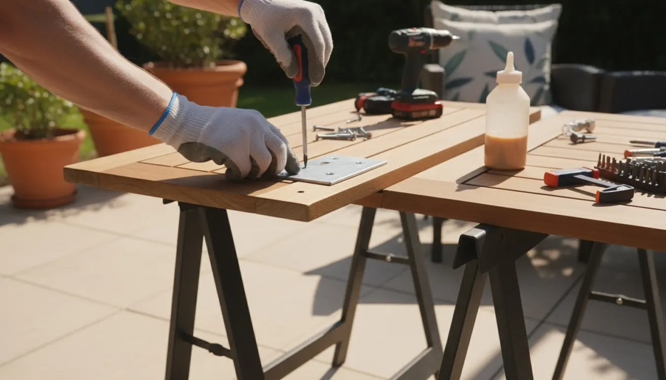 Nærbillede af hænder, der forsøger at fastgøre udtrækspladen til et havebord med skruer og værktøj på en solbeskinnet terrasse.