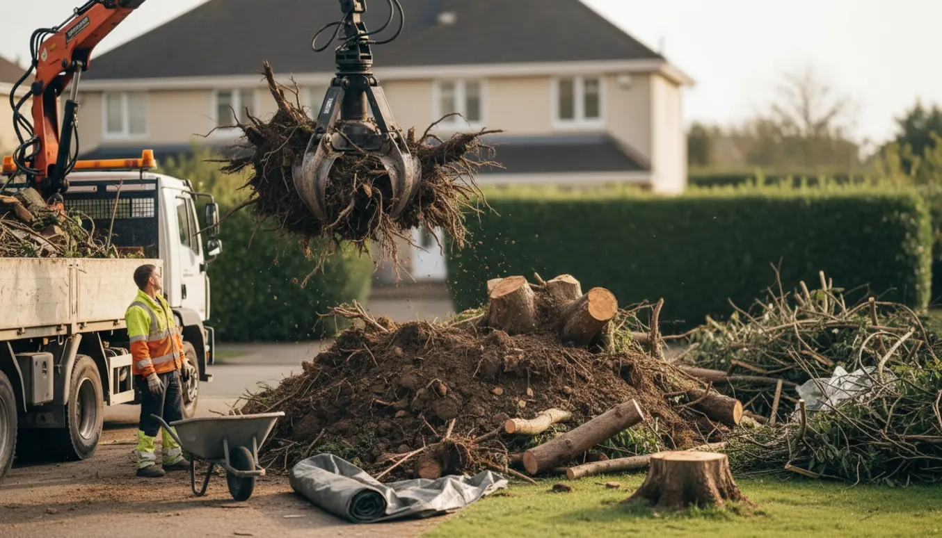 Lastbil med grab løfter opgravede rødder og små træstammer fra en stor bunke haveaffald ved en villavej.