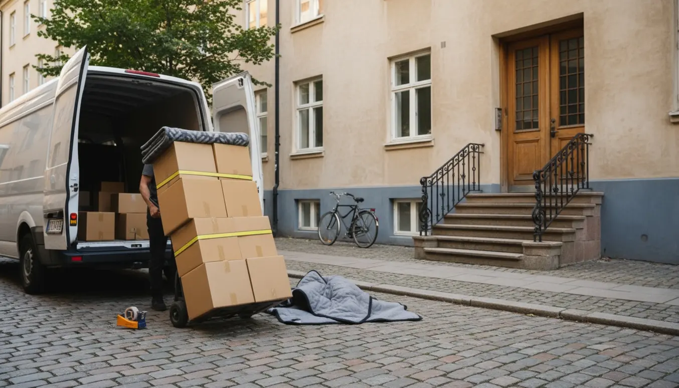 Flyttevogn på en brostensgade foran en lejlighed, håndtralle med stablede flyttekasser klar til at blive båret ind.