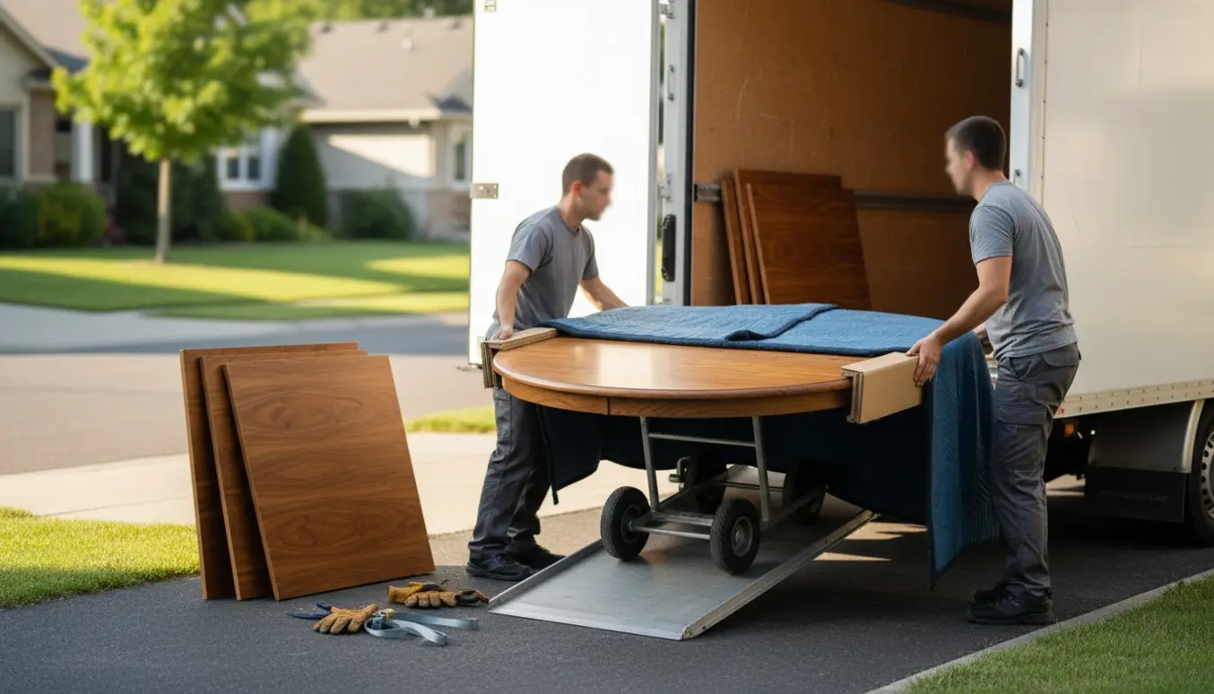 To personer læsser et rundt træbord og to bordplader ind i en flyttebil på en solrig indkørsel.