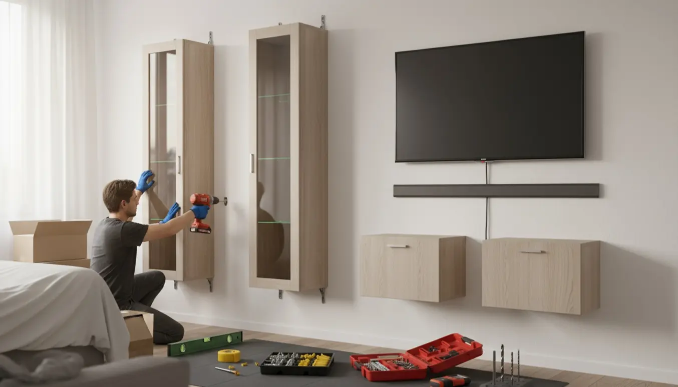 Hænder monterer tre smalle vitrineskabe på væggen og hænger et TV på en grå skinne med kabelskjuler.