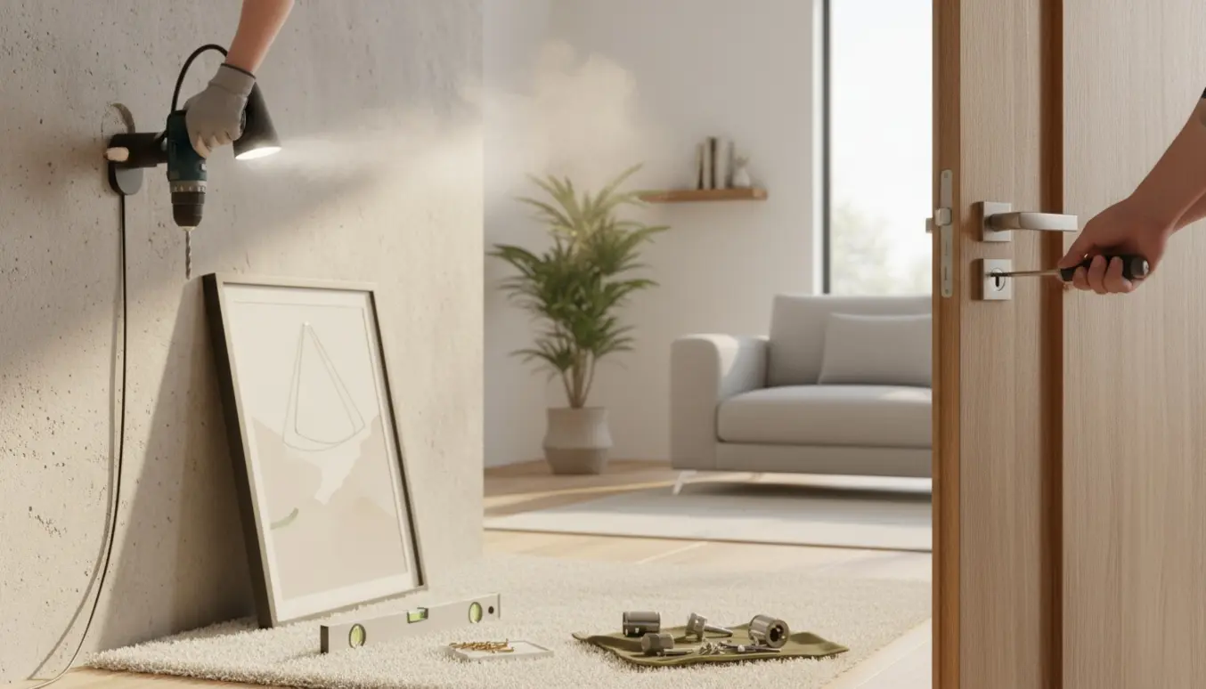 En hands-on scene i stuen med en lampe monteret på betonvæg, et billede klar til ophæng og en lås ved at blive sat i en dør.