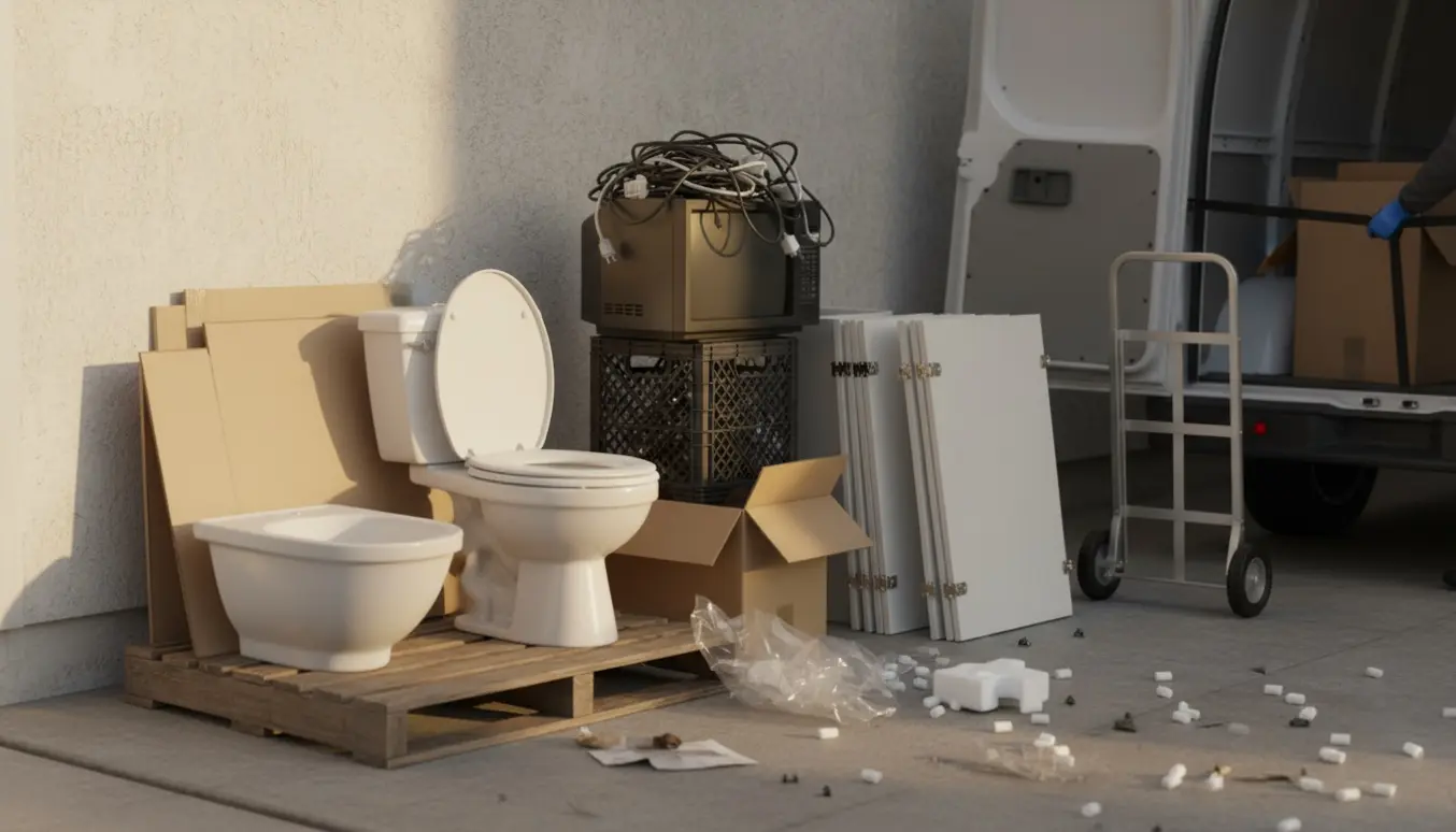 Blandet storskrald i en carport klar til afhentning med toilet, vask, palle, elektronik, adskilte skabe, pap og flamingo.