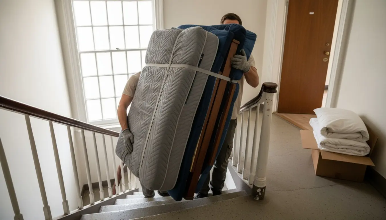 To flyttefolk bærer en dobbeltseng ned ad trappen fra en øverste lejlighed, ansigter ikke synlige.