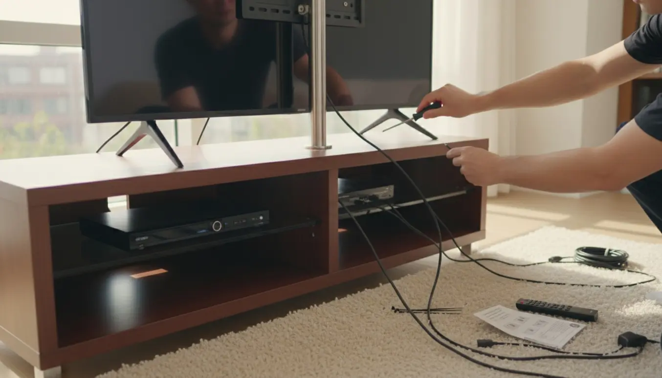 Hænder samler et nyt TV på fod og tilslutter en DVD-afspiller og en kabelboks i en lys, ryddelig stue.
