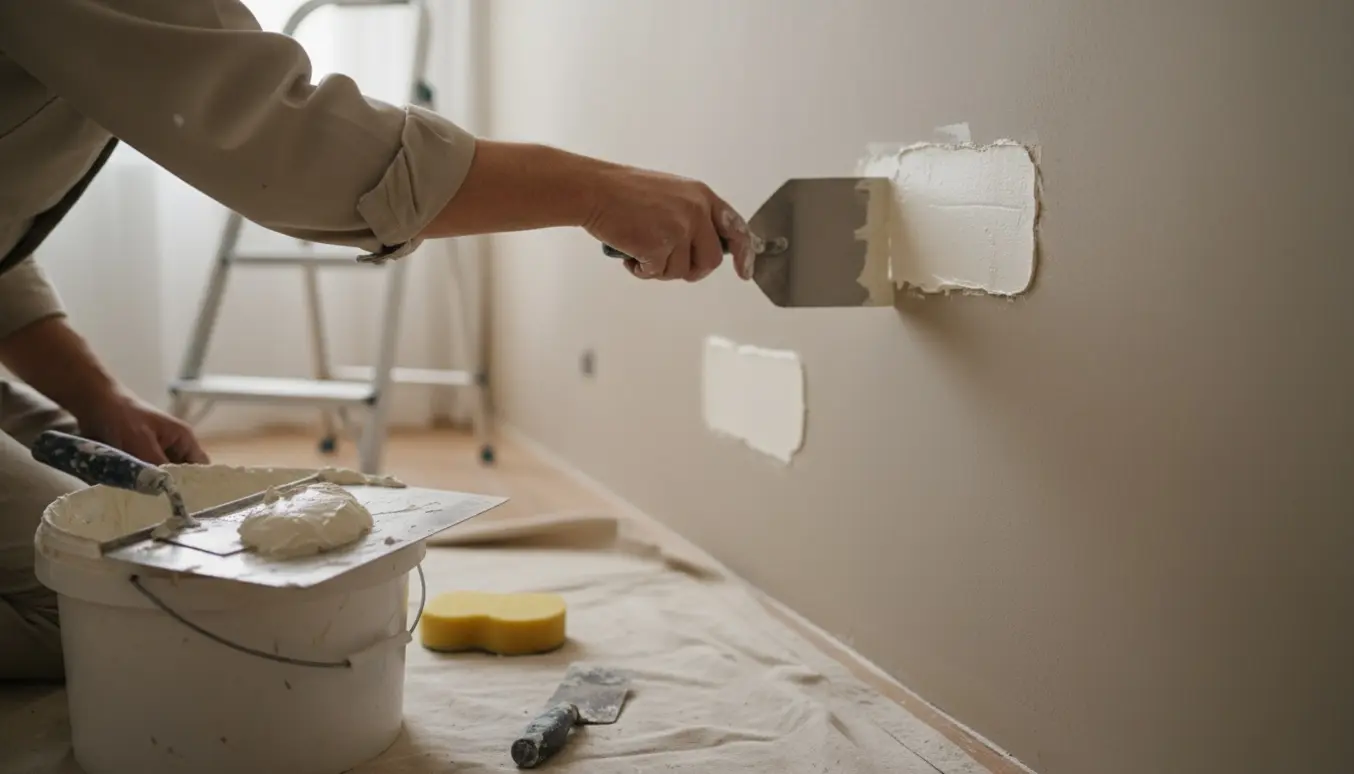 Nærbillede af to vægsektioner, hvor våd puds glattes ud med murske for at matche den omkringliggende væg.