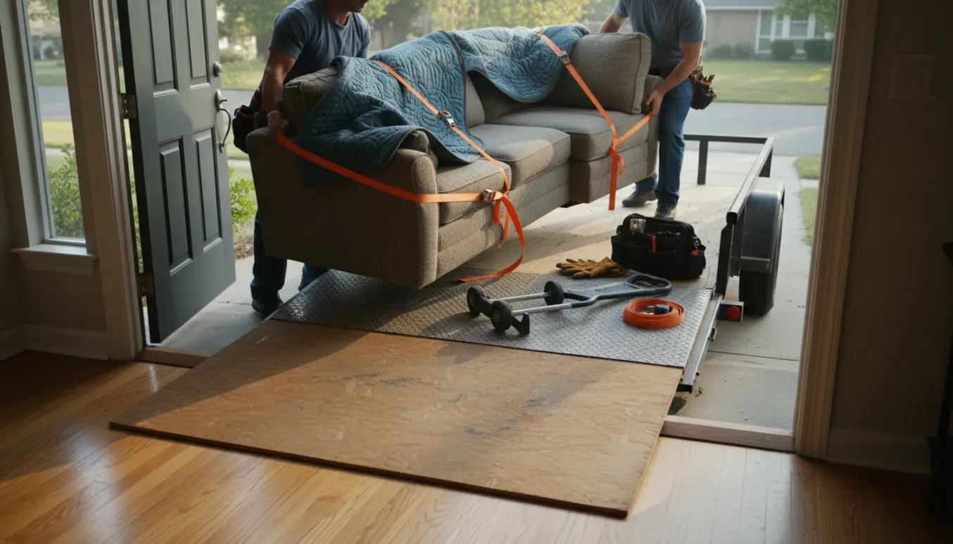 To flyttemænd bærer en indpakket hjørnesofa ud af huset og op på en trailer ved indkørslen.