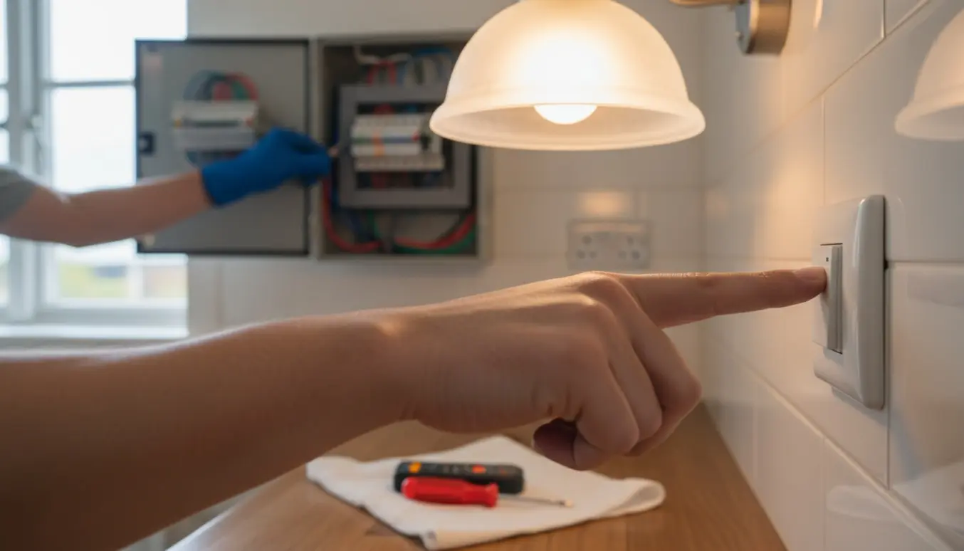Nærbillede af en hånd, der trykker på en lyskontakt i et køkken, mens en loftslampe blinker og en åben eltavle med værktøj ses i baggrunden.