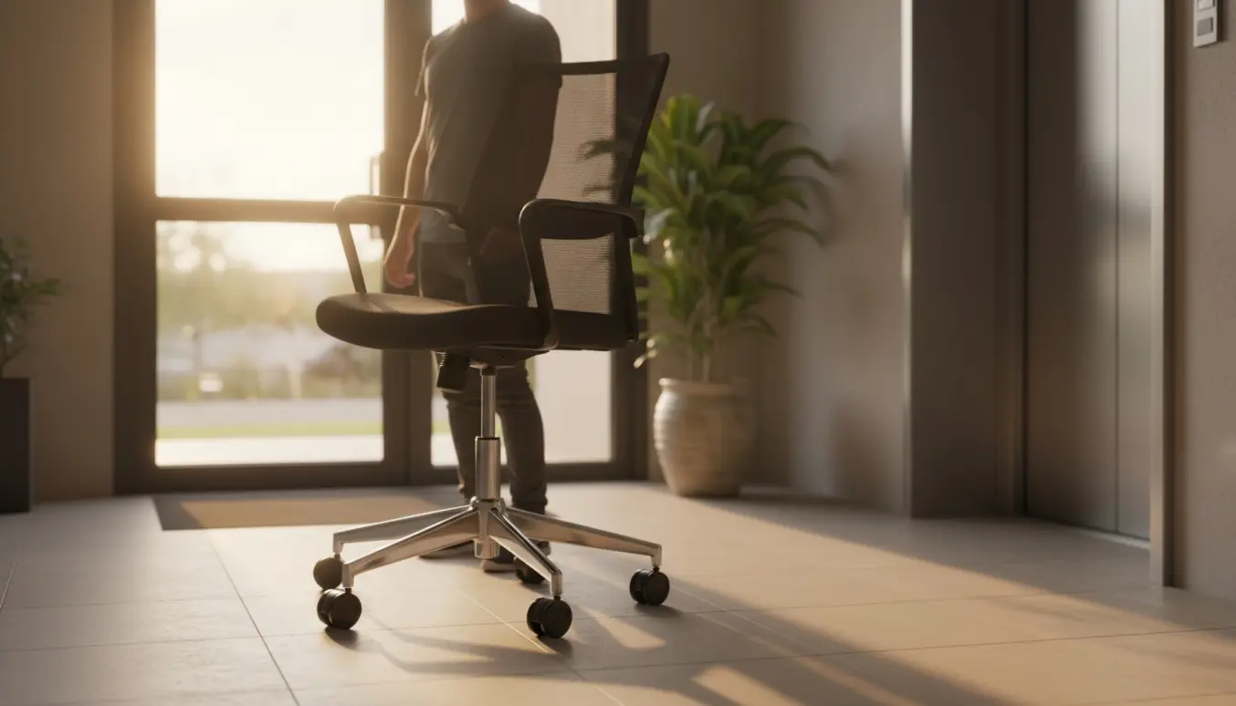 En person bærer en let drejestol gennem opgangen i eftermiddagslys.