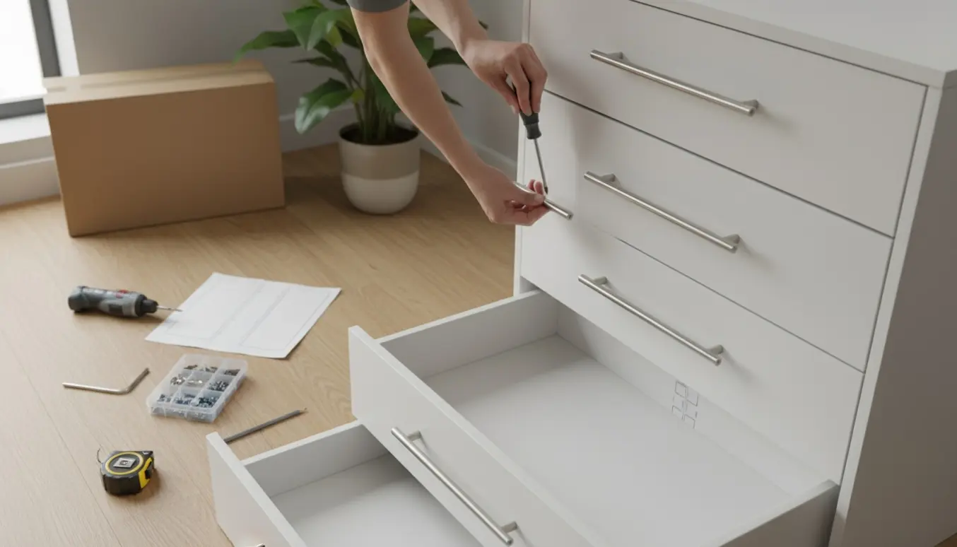 Nærbillede af hænder, der samler en hvid kommode og monterer rustfri stålgreb i et lyst rum.
