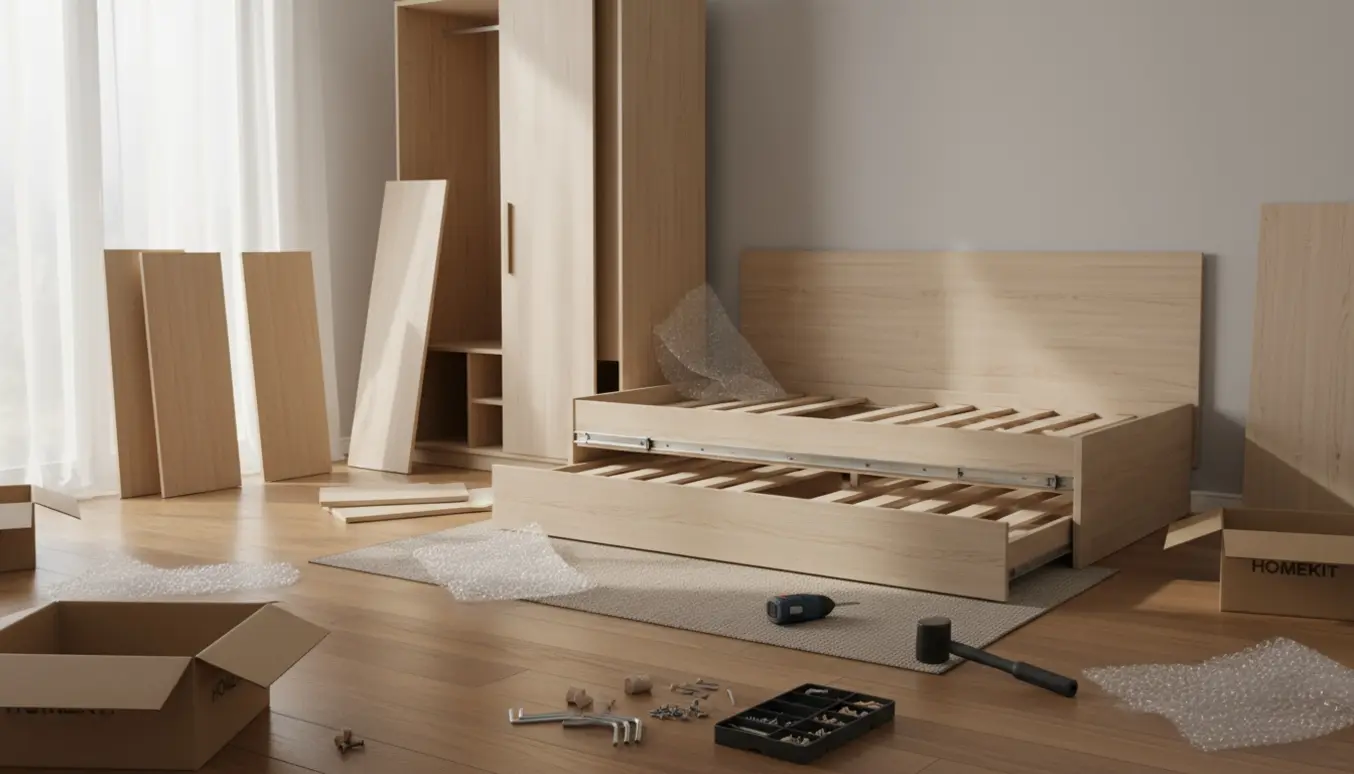 Delvist samlet klædeskab og sengestel på gulvet med værktøj og flyttekasser omkring.