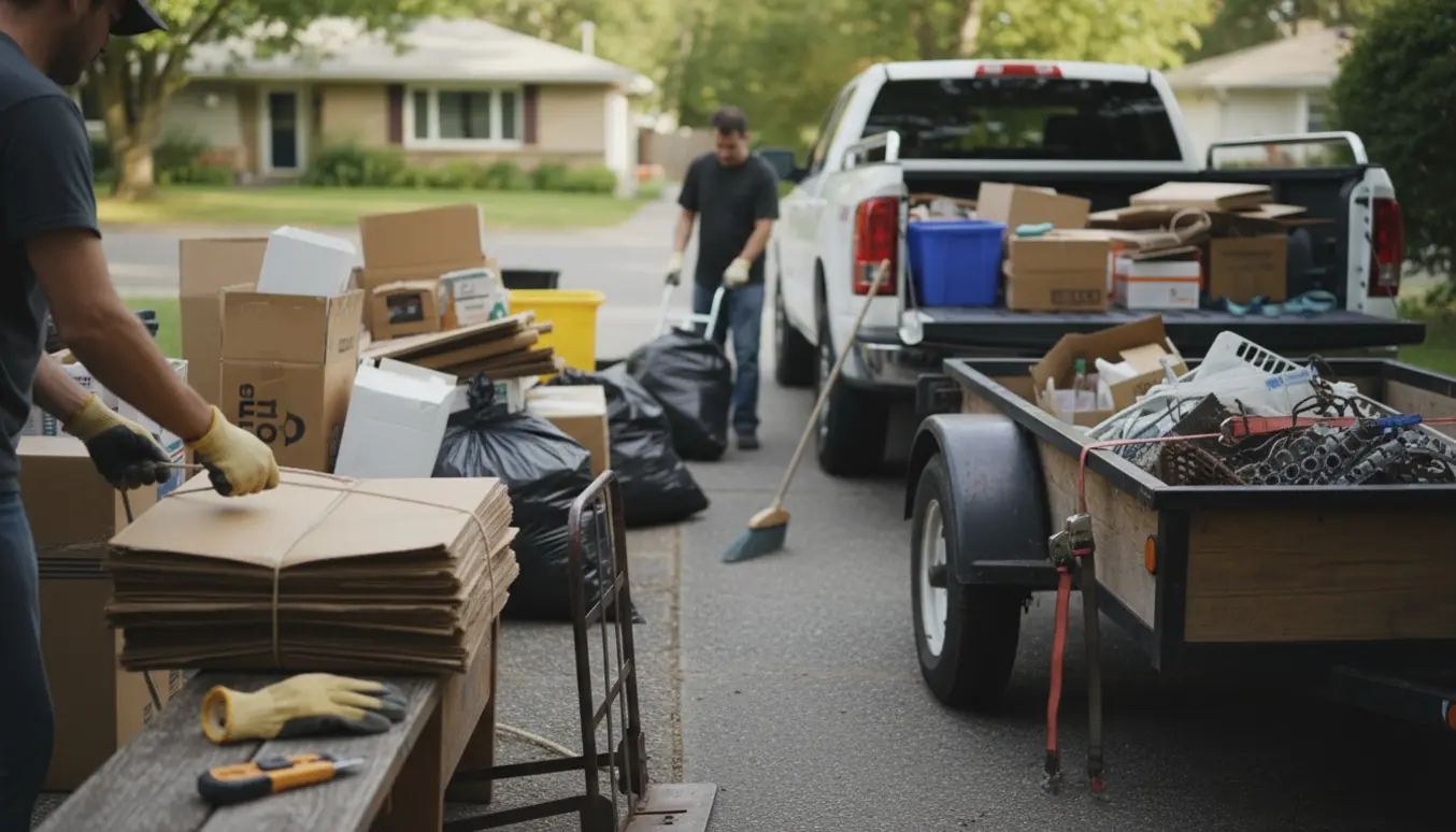 Bunker af pap og affald sorteres i indkørsel ved en åben varevogn og trailer klar til aflevering.