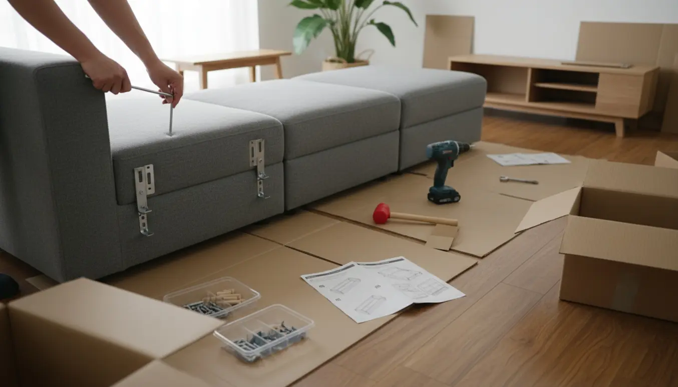 Nærbillede af samling af en grå hjørnesofa i en lys stue med værktøj og fladpakkede møbler.