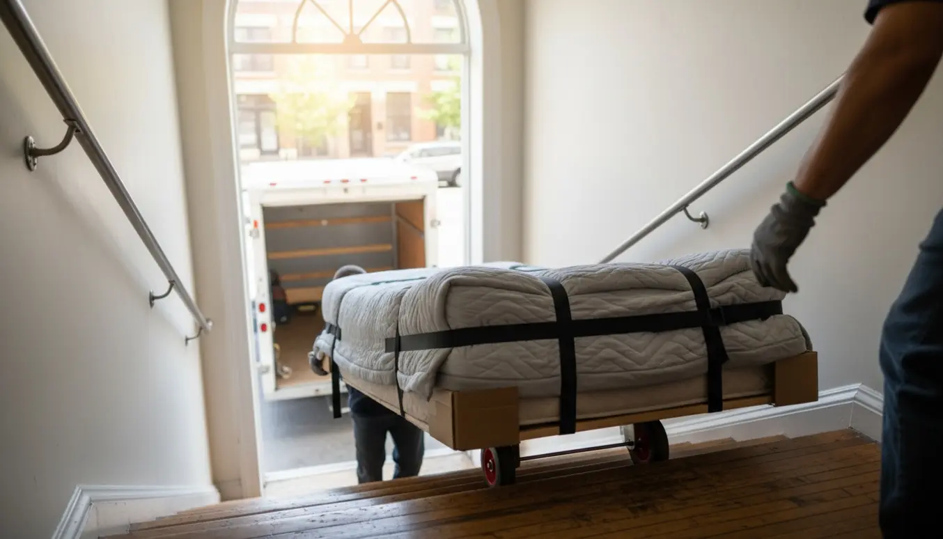 En flyttemand bærer en indpakket enkeltbriks ned ad en lys opgangstrappe mod en åben flyttevogn.