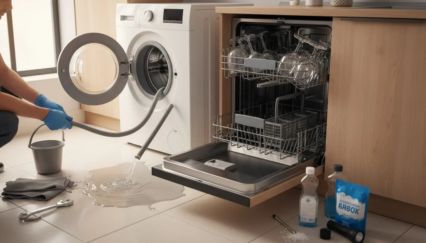Et moderne bryggers med en vaskemaskine, der lækker vand i bunden, og en åben opvaskemaskine med uklare glas og værktøj ved siden af.