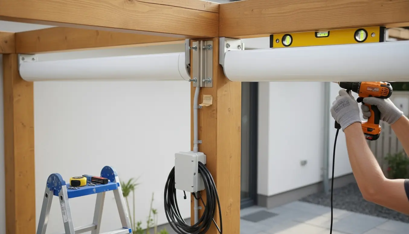 To hvide kassettemarkiser monteres under sternen med beslag, værktøj og el-ledning synlig.