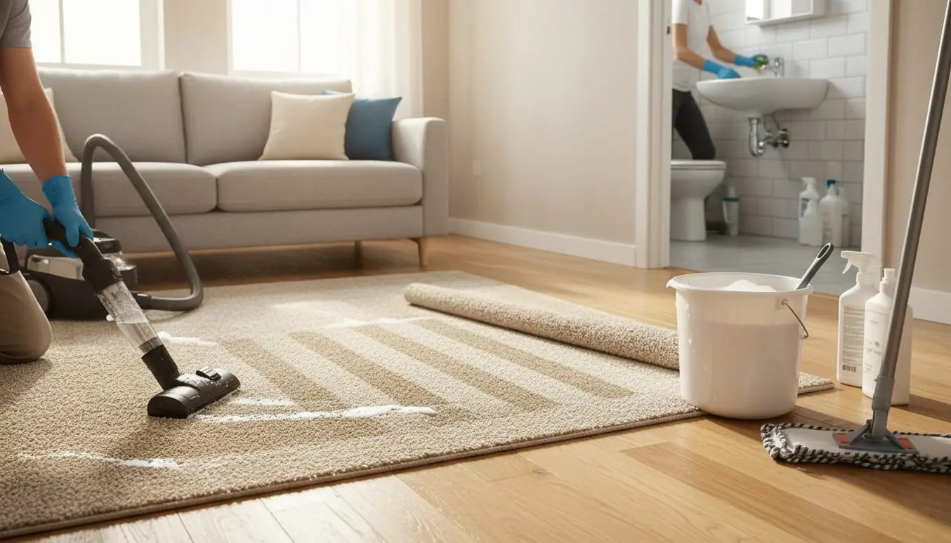 Dybtgående rengøring i en lys to-værelses lejlighed med gulvvask, tæpperens og afkalkning af badeværelset.