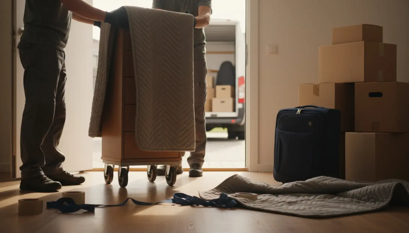 To flyttere læsser en pakket trækommode på en møbelvogn med flere flyttekasser og en kuffert i en lys lejlighed.