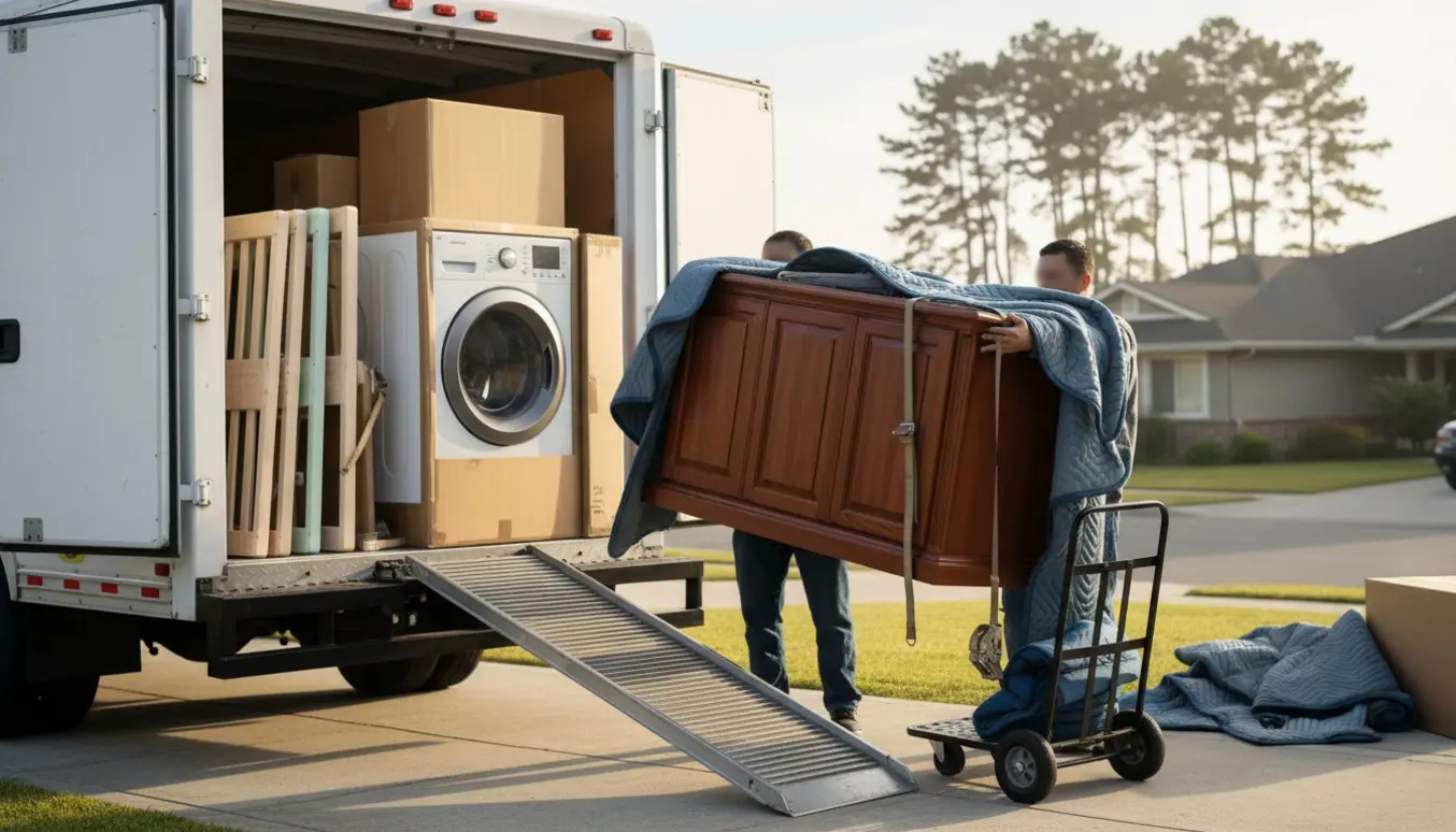 Flyttebil ved indkørsel med indpakket vaske-tørremaskine, tungt træ-badeværelsesmøbel, adskilte børnesengedele og kasser.