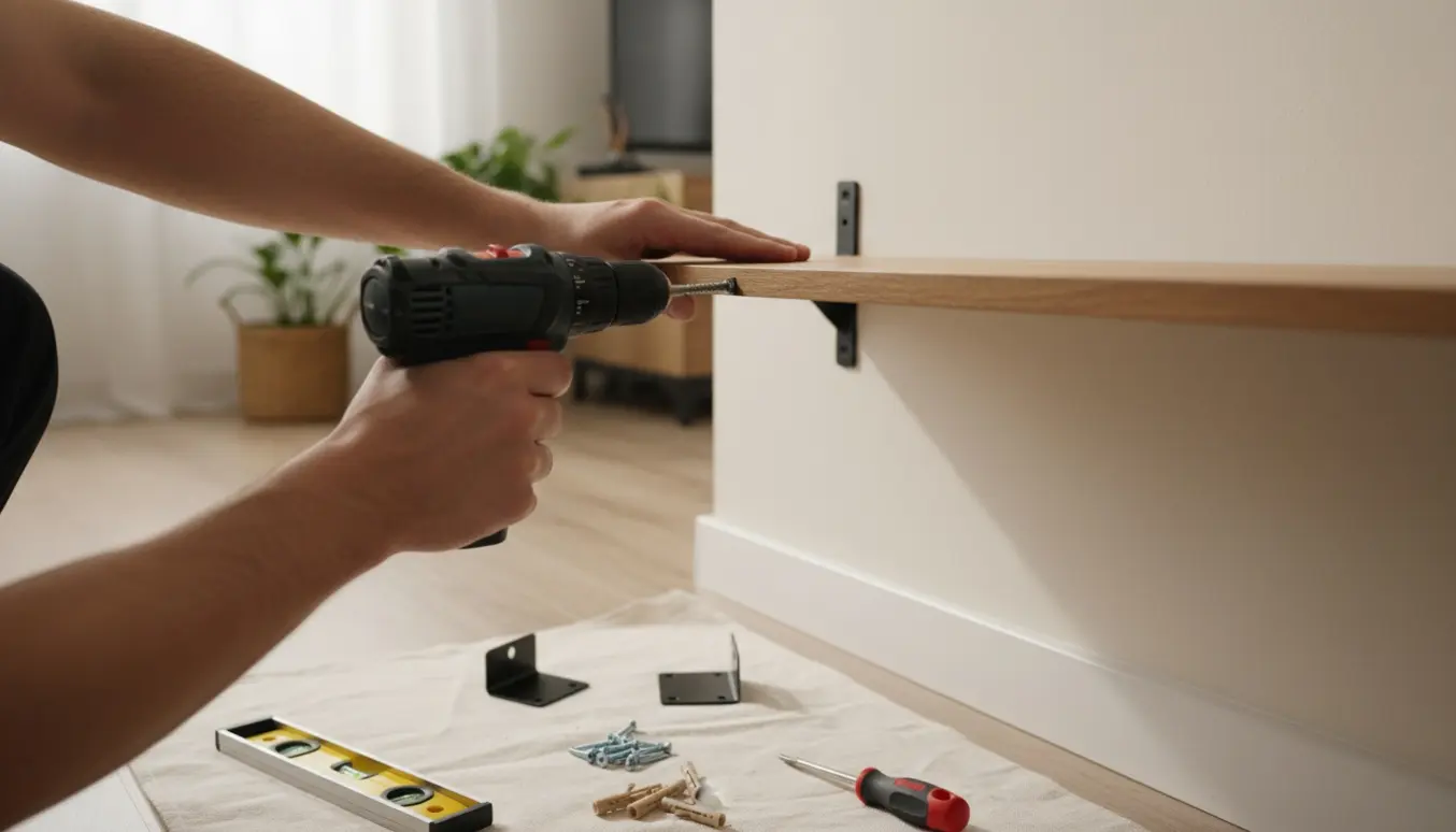 Nærbillede af hænder, der med boremaskine fæstner en træhylde til væggen med beslag og bundplader.