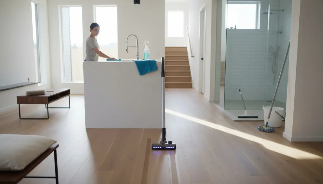 Åben stue og køkken med rengøringsredskaber i brug: støvsuger, klud, moppe og skuresæt.