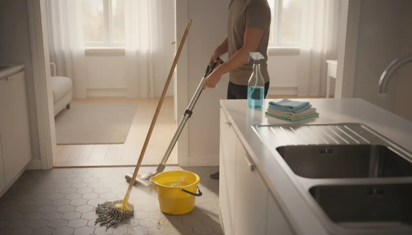 Soloplyst lejlighed med støvsuger, moppe og rengøringsmidler klar til rengøring.