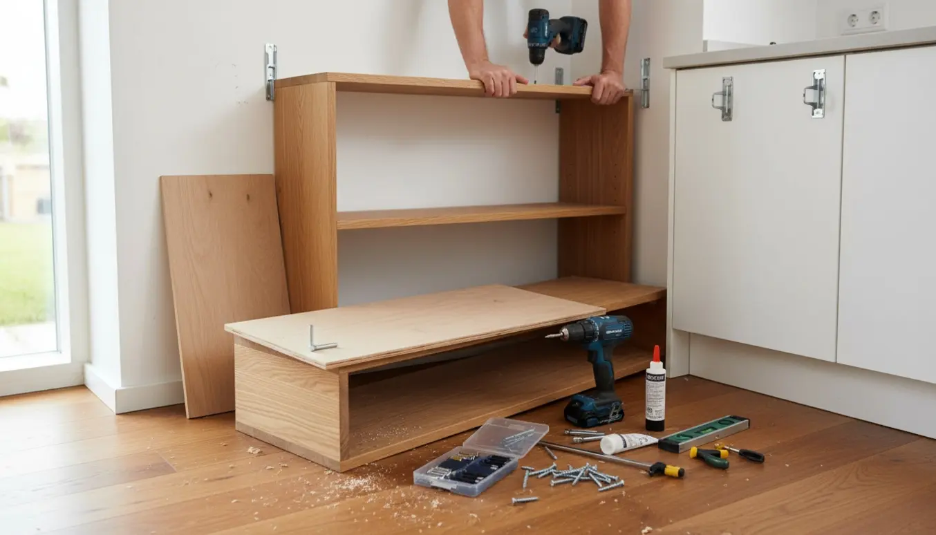 Hænder genopsætter en væghængt reol med ny bagplade og værktøj spredt på gulvet.