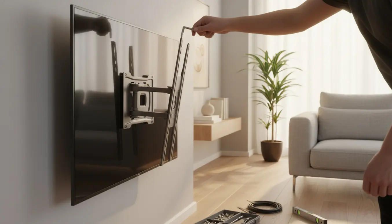 En hånd justerer en skæv fladskærm på en vægmonteret tv-arm med værktøj klar på gulvet.