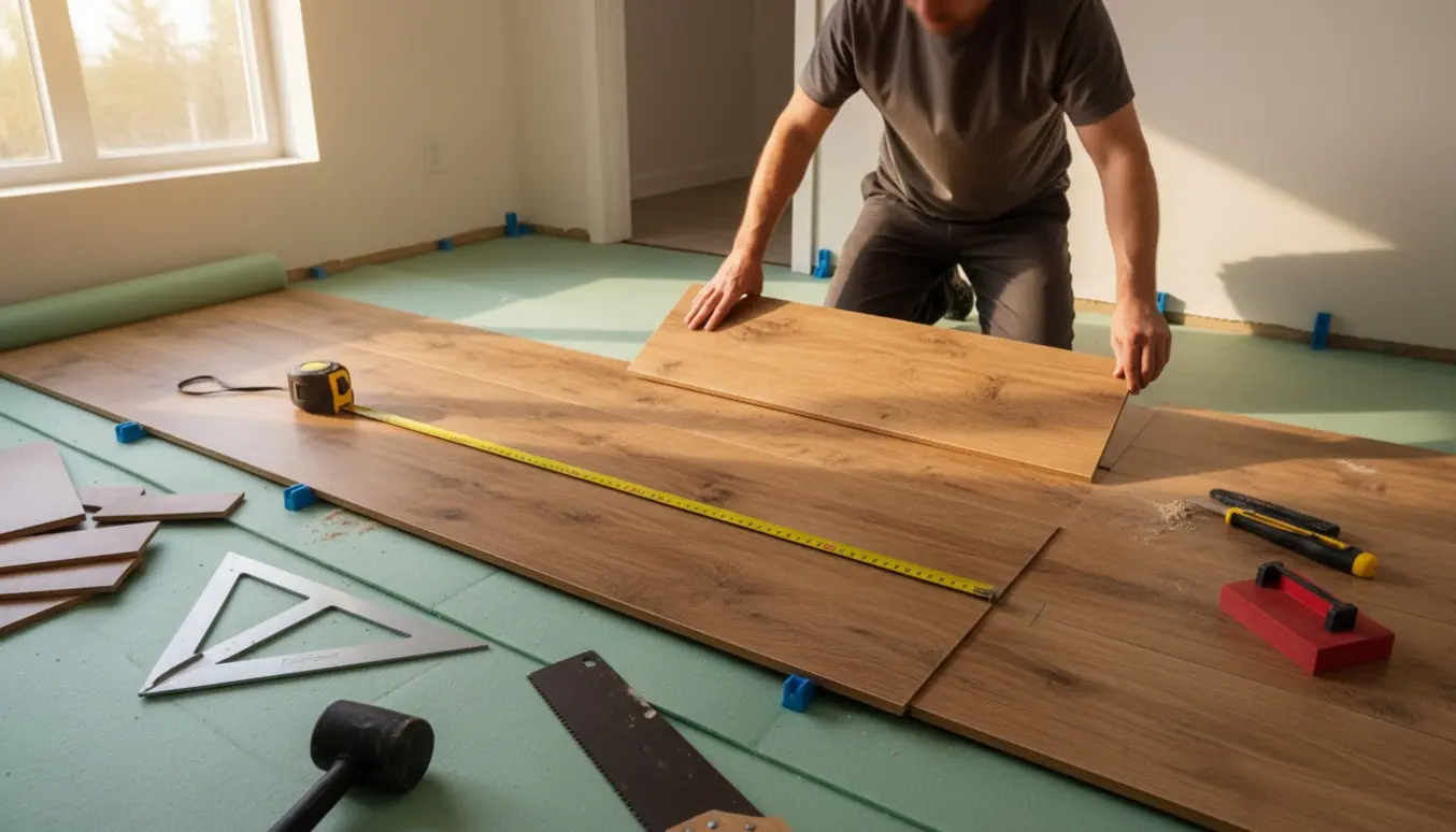 Montering af gulvpaneler i et lille rum med målebånd, spacere og værktøj i naturligt dagslys.