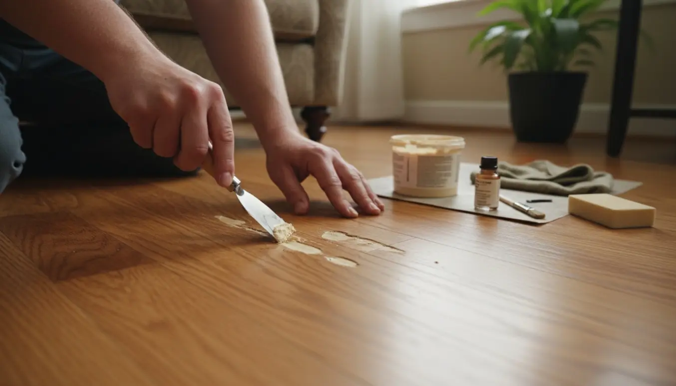 Nærbillede af hænder, der fylder og glatter små hak i et egetrægulv med spartel og træfyldstof.