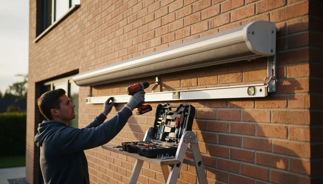 Installatører monterer en el-markise over et køkkenvindue på en murstensvæg med værktøj i forgrunden.