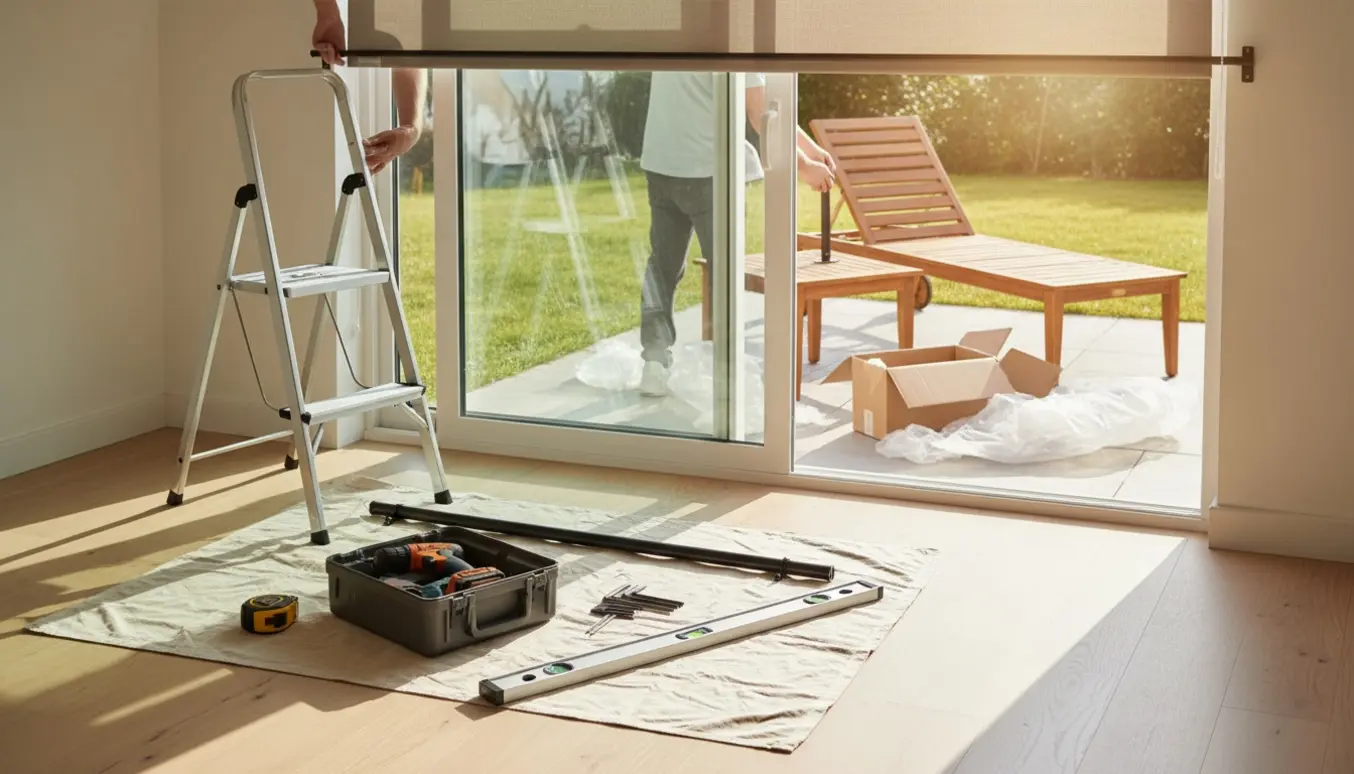 Delvist samlet træsolstol og havebord på terrasse, mens rullegardiner og gardinstang monteres indendørs med værktøj.