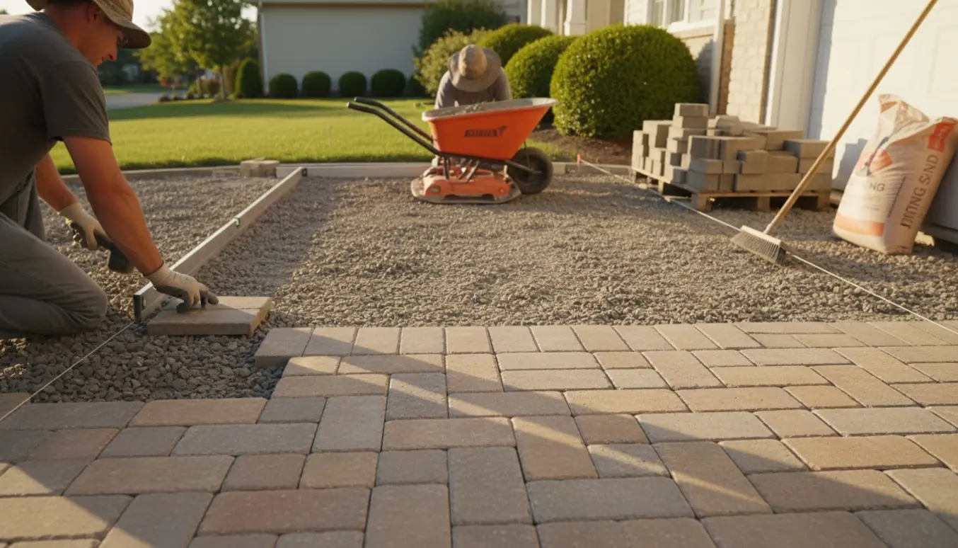 Delvist færdig indkørsel med fliser, værktøj og udjævnet underlag set i naturligt lys.
