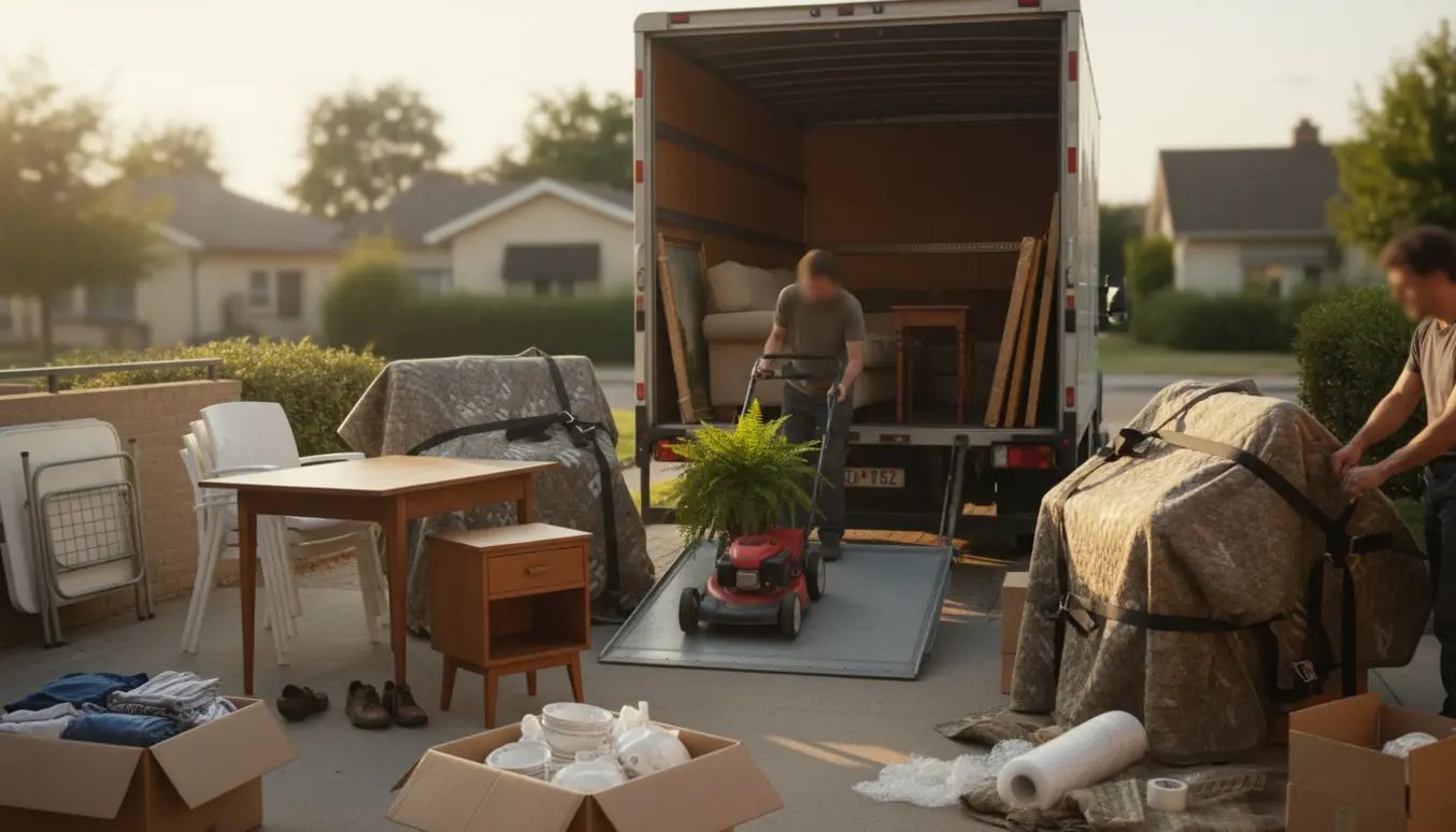 Flyttebil på indkørsel med sofa, skrivebord, haveredskaber og kasser klar til transport.
