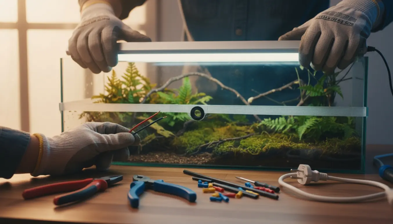 Nærbillede af hænder, der monterer et T8-lysrør i et armatur over et terrarium med afklippede ledninger og værktøj.