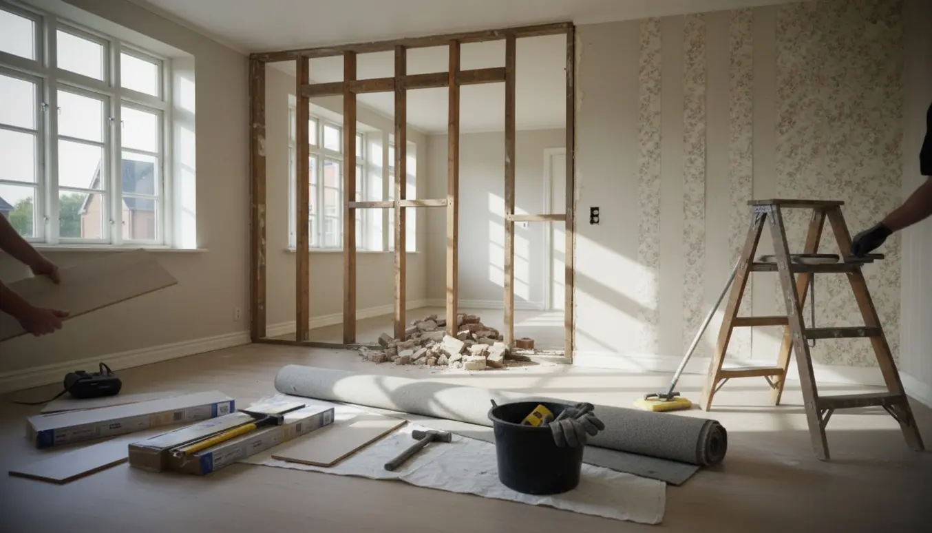 Igangværende renovering i et rækkehus med fjernet tapet, rullet gulvtæppe, stabler af laminat og en delvist nedrevet væg.