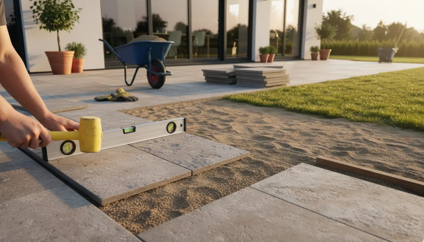 Omlægning og udvidelse af fliseterrasse med fliser, sand, værktøj og afskåret græsplæne.