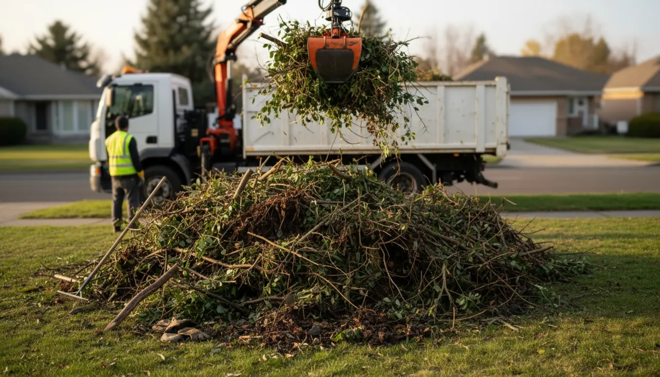 Hydraulisk kran med grab løfter en stor bunke haveaffald fra en villahave til en lastbil.