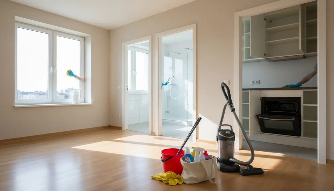 Tom 2-værelses lejlighed under fraflytningsrengøring med støvsuger, moppe og hands-on rengøring af ovn og vindue.