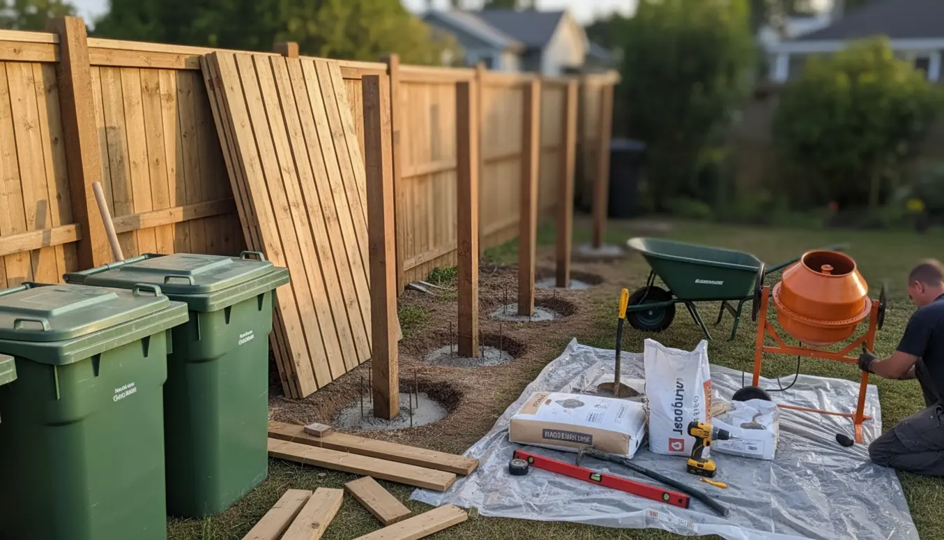 Delvist fjernet hegn ved skraldespandene med nye hegnspaneler, cementfunderede stolper og værktøj klar til udskiftning.