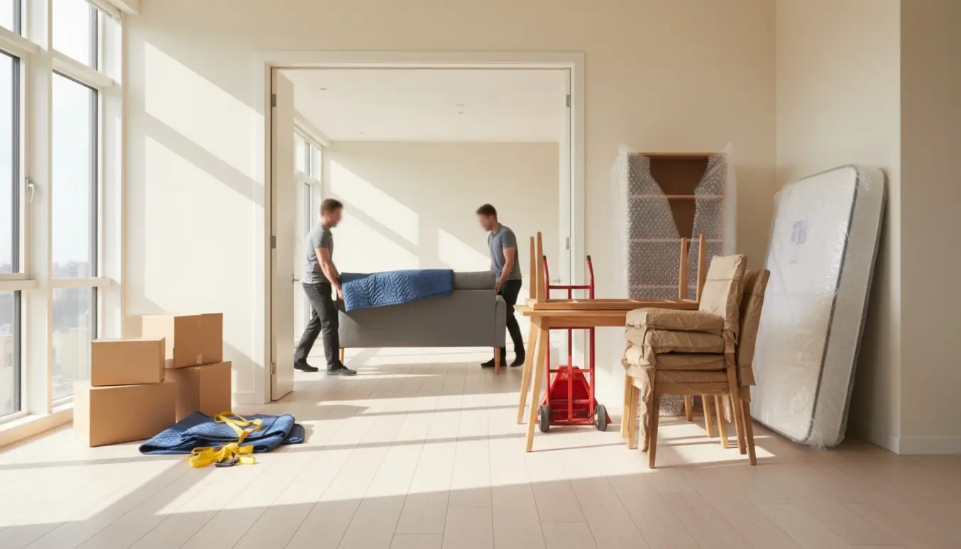 Flyttemænd bærer en sofa ind i en lys lejlighed omgivet af seng, spisebord, stole, reol, pakkede kasser og flytteudstyr.