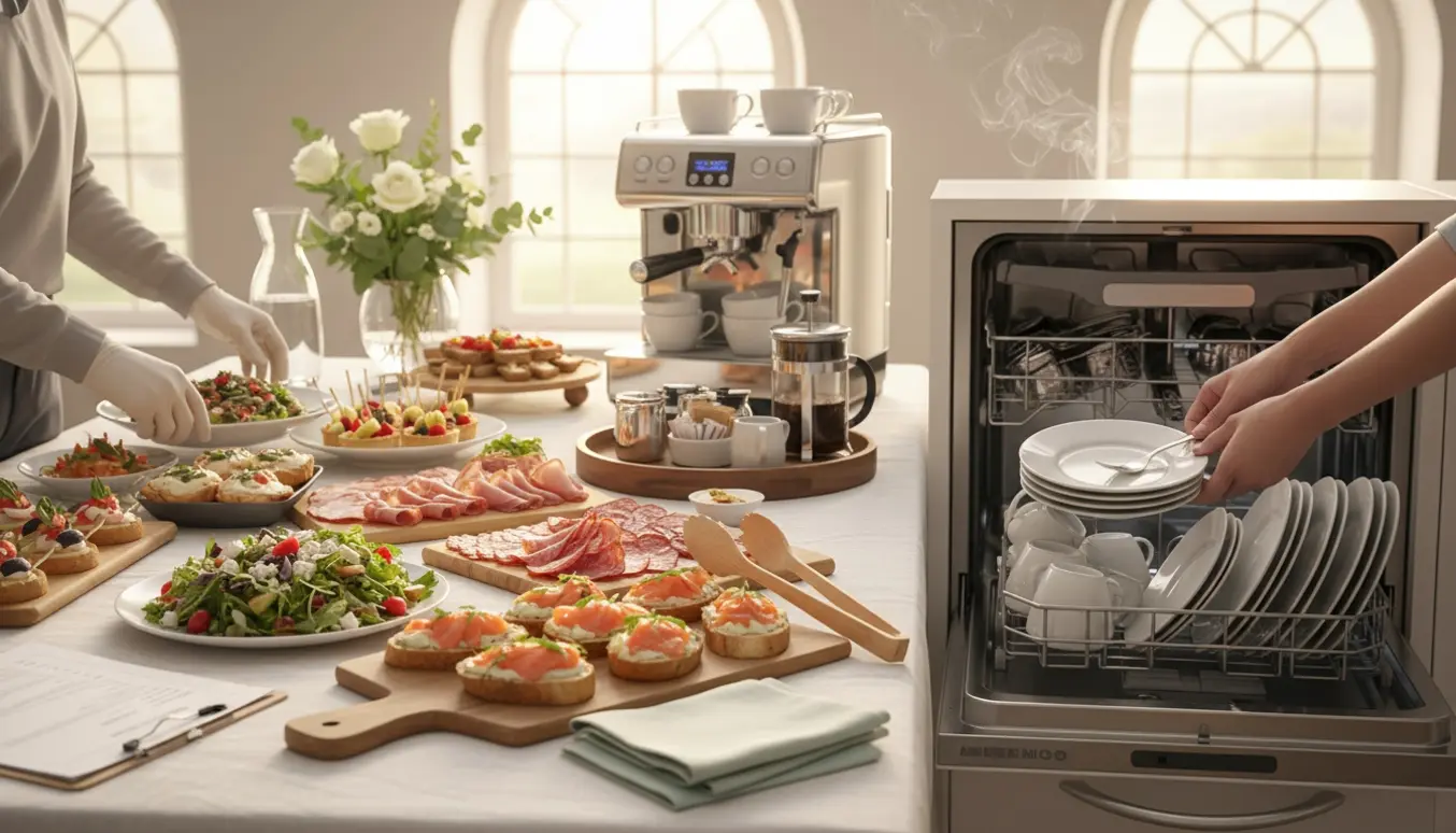 Hænder anretter buffetfat og sætter tallerkener i en åben opvaskemaskine med en kaffemaskine i baggrunden.