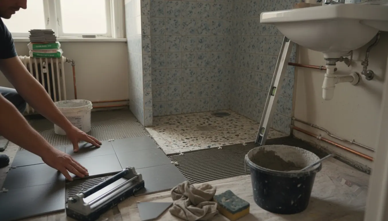 Hænder lægger nye fliser i et lille københavnsk badeværelse under renovering.