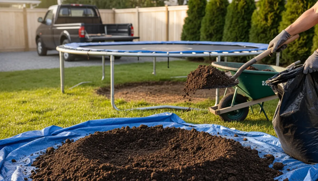 Bunke havejord på presenning ved en trampolin med skovl og trillebør klar til bortskaffelse.