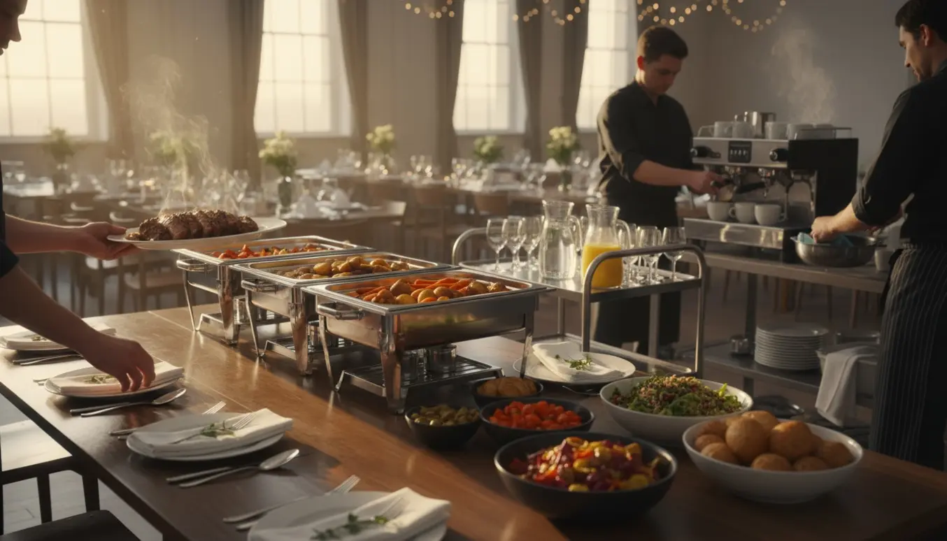 Tre hjælper med at anrette buffet, lave kaffe og fylde drikkevarer til en konfirmation i en lys festsal.