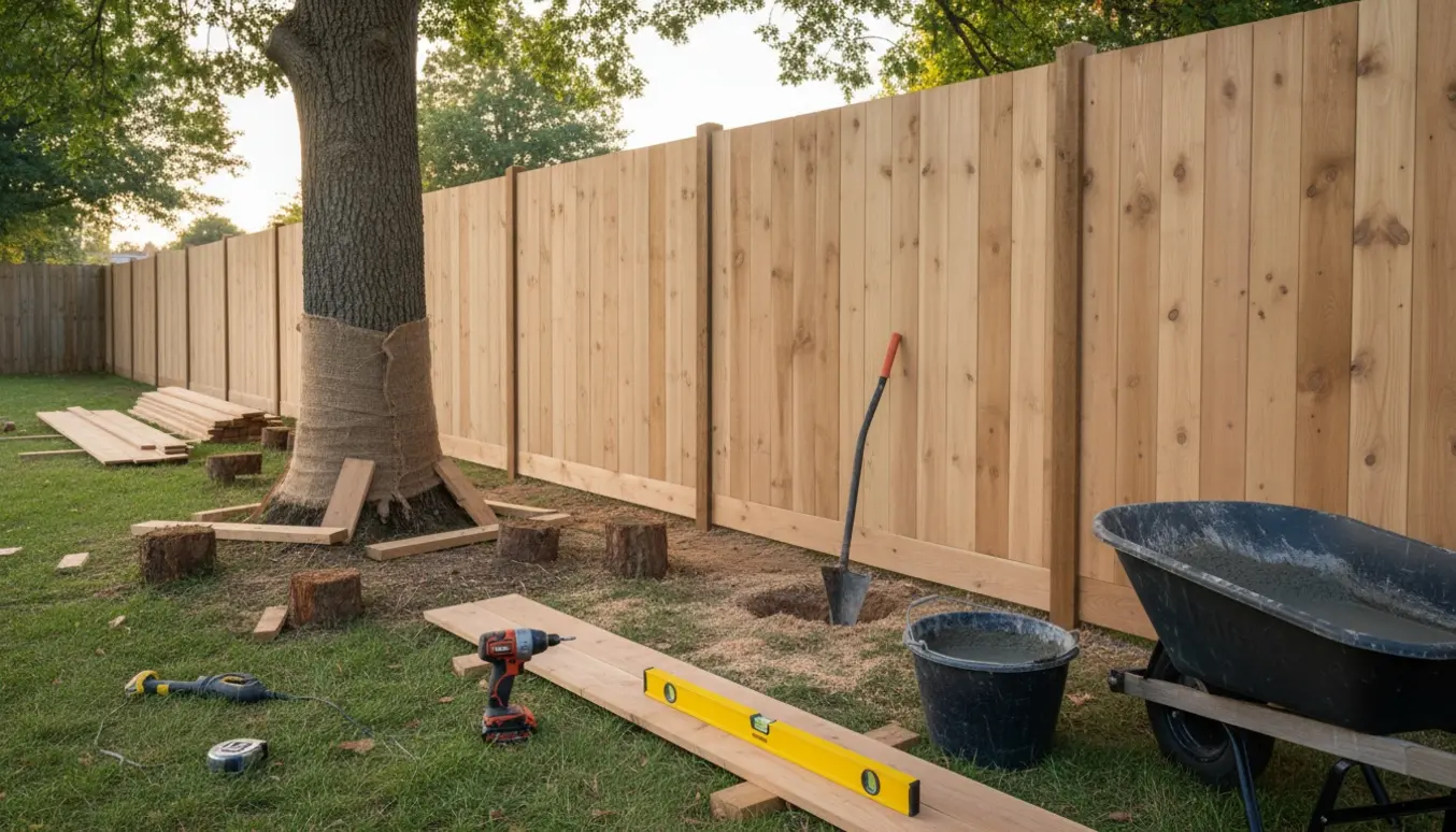 Opførelse af 8 m langt, 2 m højt plankeværk ved et bevaret træ med værktøj og materialer i forgrunden.