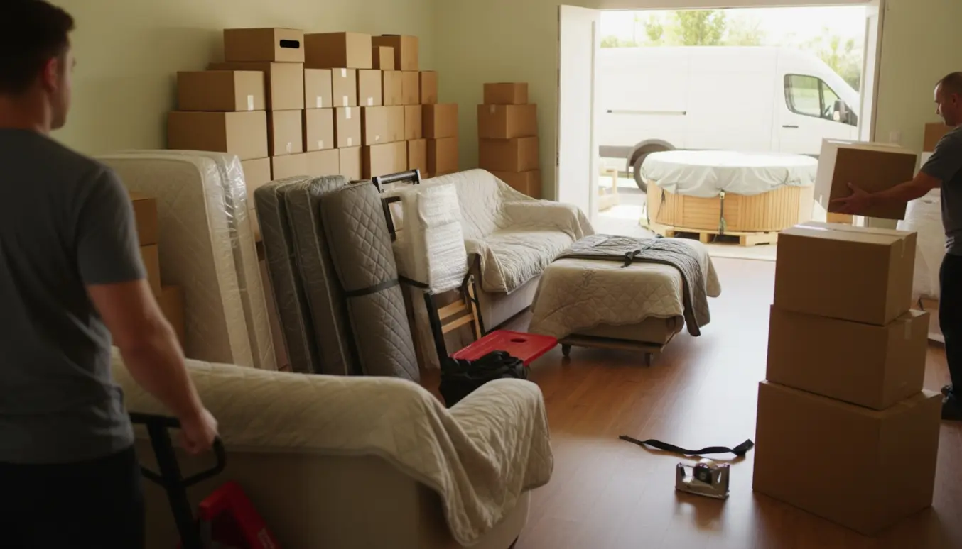 Flyttefolk stabler omkring 60 flyttekasser og beskyttede møbler ved en åben flyttebil i en lys entré.