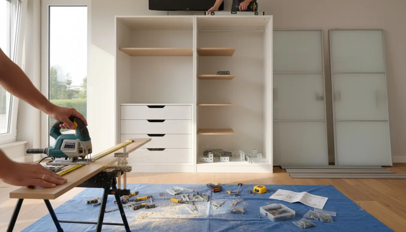 To hvide skabskasser under montering i en lys stue, sokkel tilpasses og et TV ophænges.