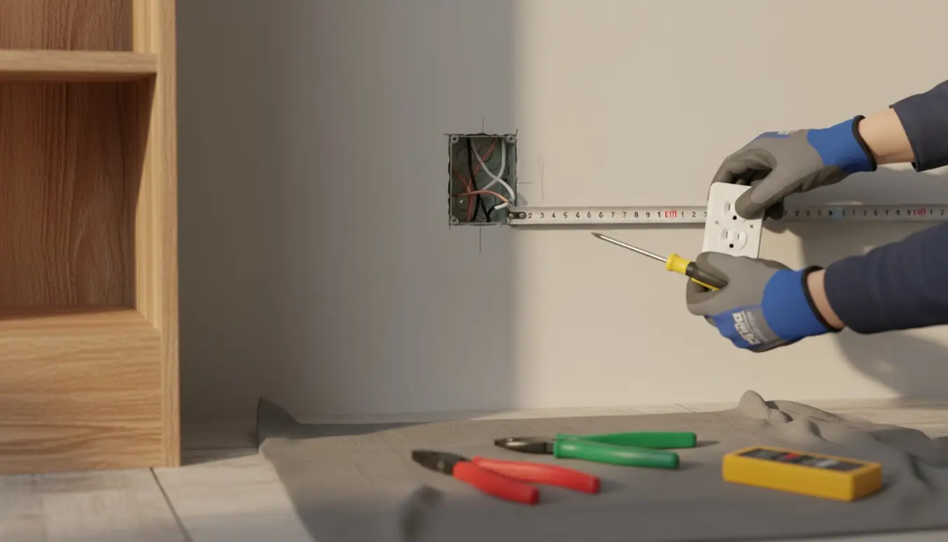 Nærbillede af hænder, der flytter en stikkontakt i en væg for at give plads til et nyt skab, med værktøj og målemærke.